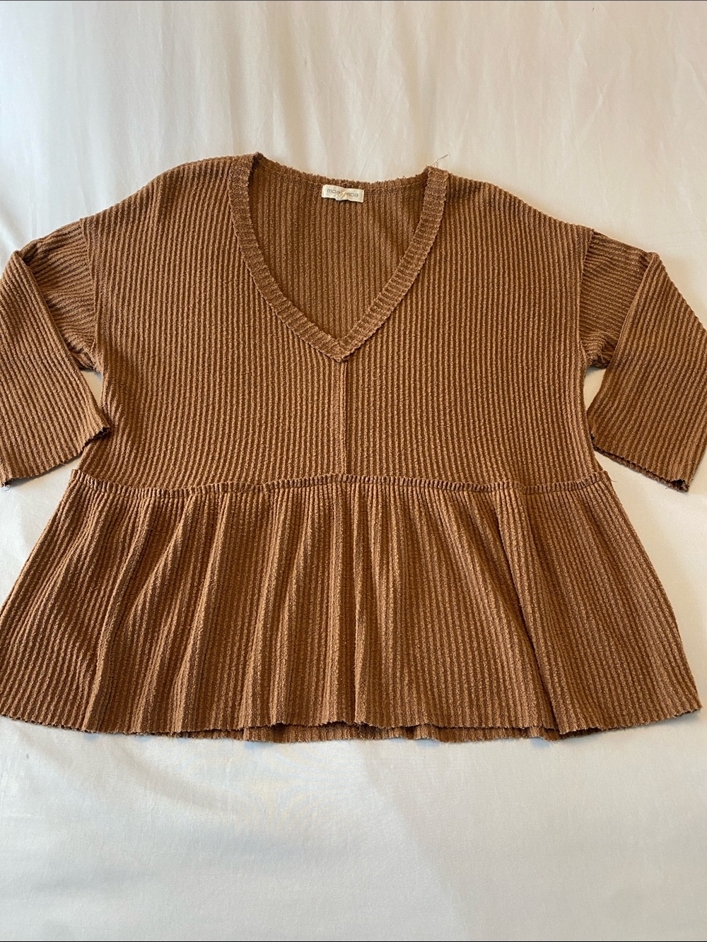 Moa Moa Women’s V-Neck Peplum Ribbed Top - Brown M